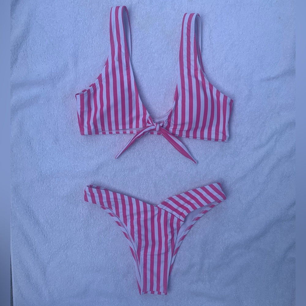 SHEIN 2 Pc. swimsuit, pink & white striped bikini